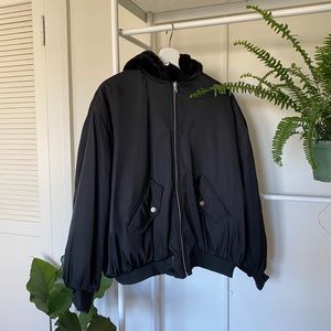 Black faux fur reversible bomber jacket